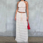 2pcs Women Sleeveless Backless Halter Top And Pleated Long Skirt Beach Outfit