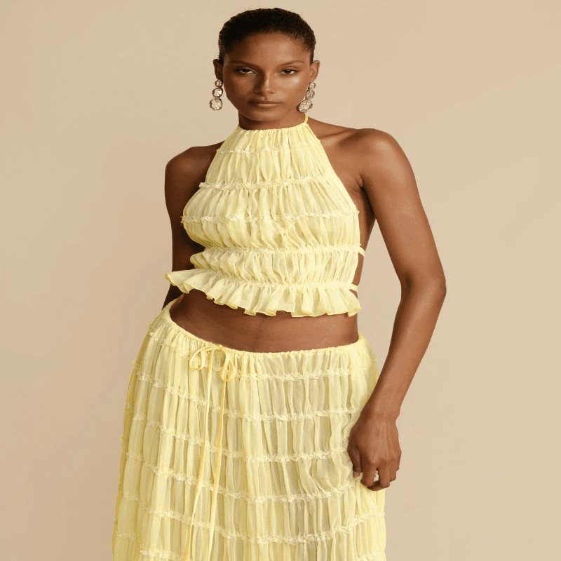 2pcs Women Sleeveless Backless Halter Top And Pleated Long Skirt Beach Outfit