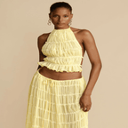 2pcs Women Sleeveless Backless Halter Top And Pleated Long Skirt Beach Outfit