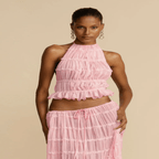 2pcs Women Sleeveless Backless Halter Top And Pleated Long Skirt Beach Outfit