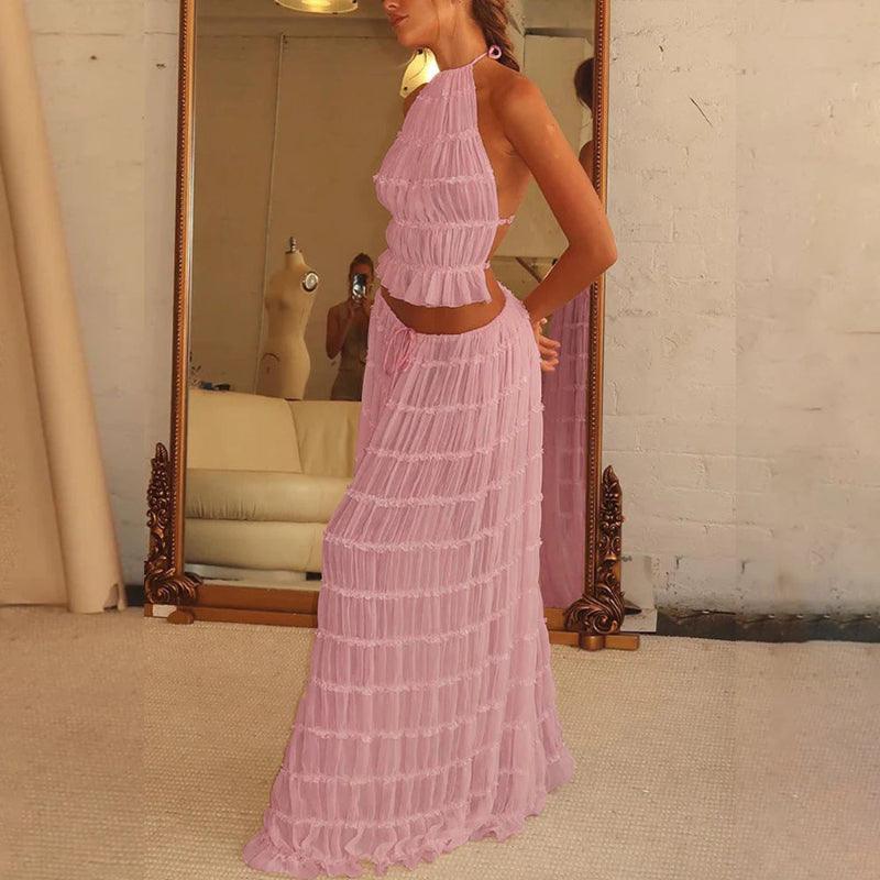 2pcs Women Sleeveless Backless Halter Top And Pleated Long Skirt Beach Outfit