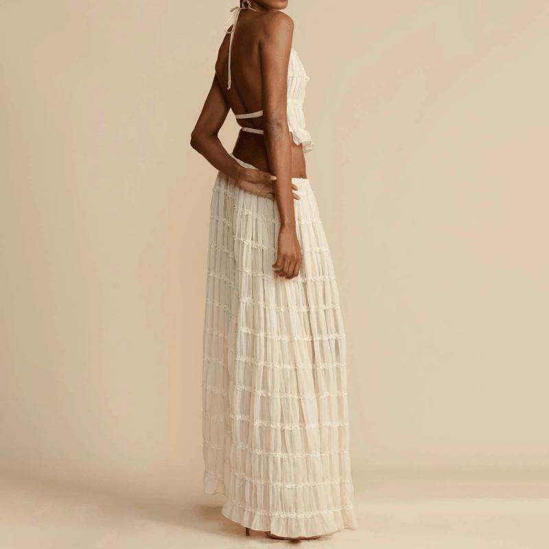 2pcs Women Sleeveless Backless Halter Top And Pleated Long Skirt Beach Outfit
