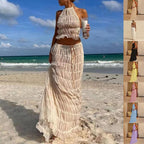 2pcs Women Sleeveless Backless Halter Top And Pleated Long Skirt Beach Outfit