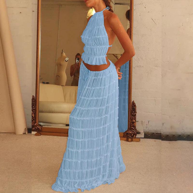 2pcs Women Sleeveless Backless Halter Top And Pleated Long Skirt Beach Outfit