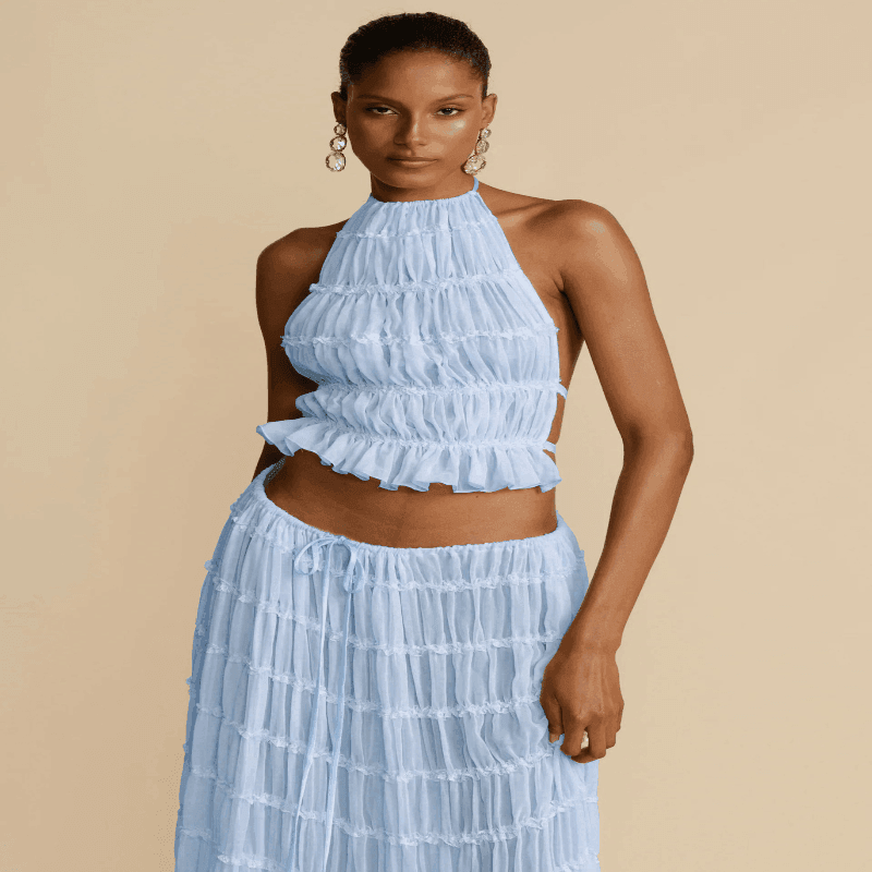 2pcs Women Sleeveless Backless Halter Top And Pleated Long Skirt Beach Outfit