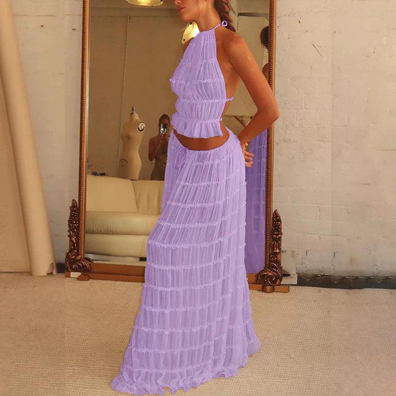 2pcs Women Sleeveless Backless Halter Top And Pleated Long Skirt Beach Outfit