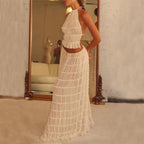 2pcs Women Sleeveless Backless Halter Top And Pleated Long Skirt Beach Outfit