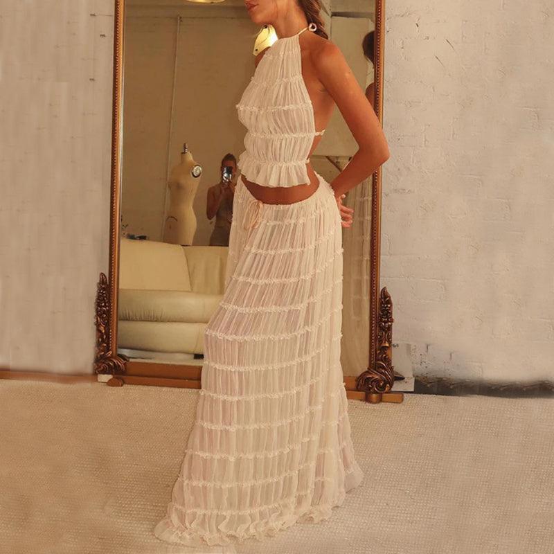 2pcs Women Sleeveless Backless Halter Top And Pleated Long Skirt Beach Outfit