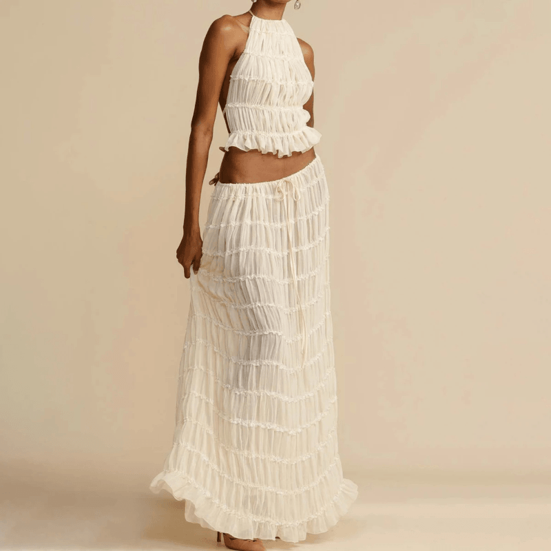 2pcs Women Sleeveless Backless Halter Top And Pleated Long Skirt Beach Outfit