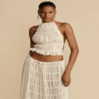 2pcs Women Sleeveless Backless Halter Top And Pleated Long Skirt Beach Outfit