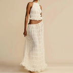 2pcs Women Sleeveless Backless Halter Top And Pleated Long Skirt Beach Outfit