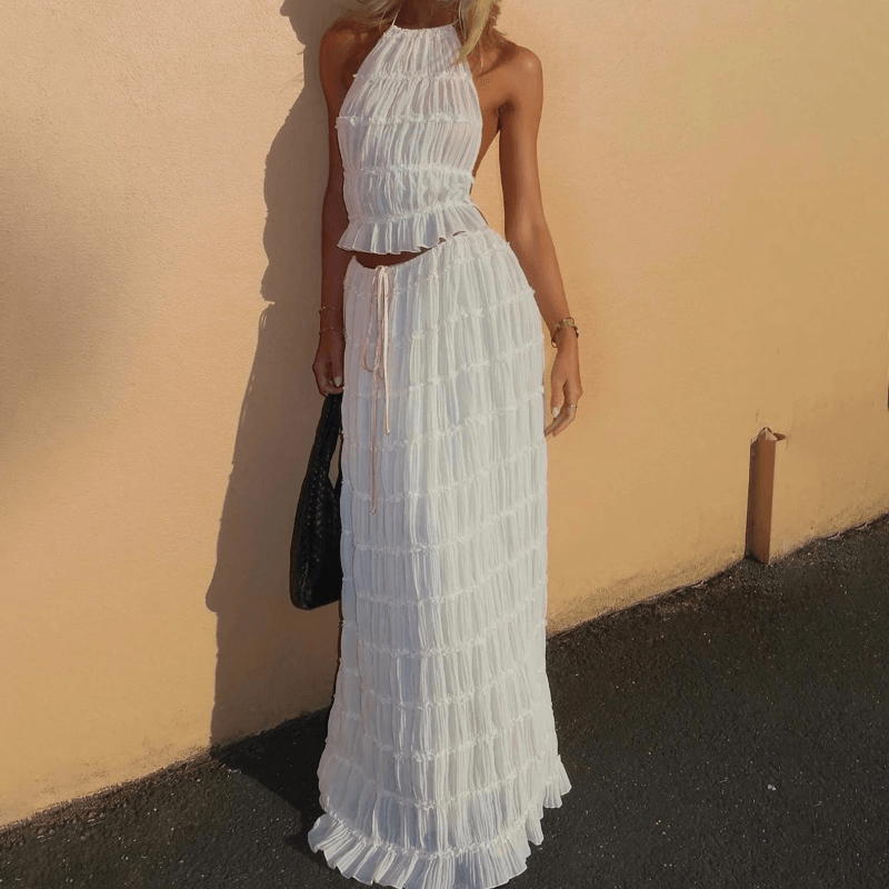 2pcs Women Sleeveless Backless Halter Top And Pleated Long Skirt Beach Outfit