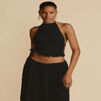 2pcs Women Sleeveless Backless Halter Top And Pleated Long Skirt Beach Outfit