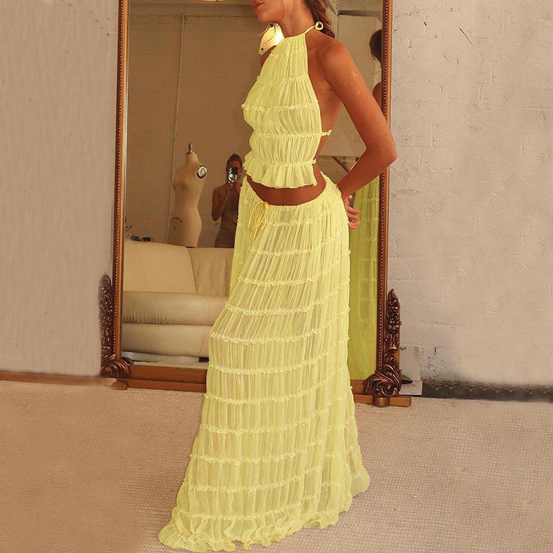 2pcs Women Sleeveless Backless Halter Top And Pleated Long Skirt Beach Outfit