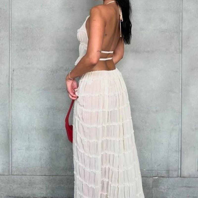2pcs Women Sleeveless Backless Halter Top And Pleated Long Skirt Beach Outfit