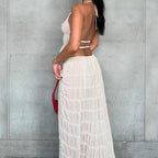 2pcs Women Sleeveless Backless Halter Top And Pleated Long Skirt Beach Outfit