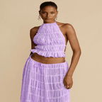 2pcs Women Sleeveless Backless Halter Top And Pleated Long Skirt Beach Outfit