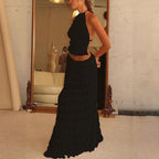 2pcs Women Sleeveless Backless Halter Top And Pleated Long Skirt Beach Outfit