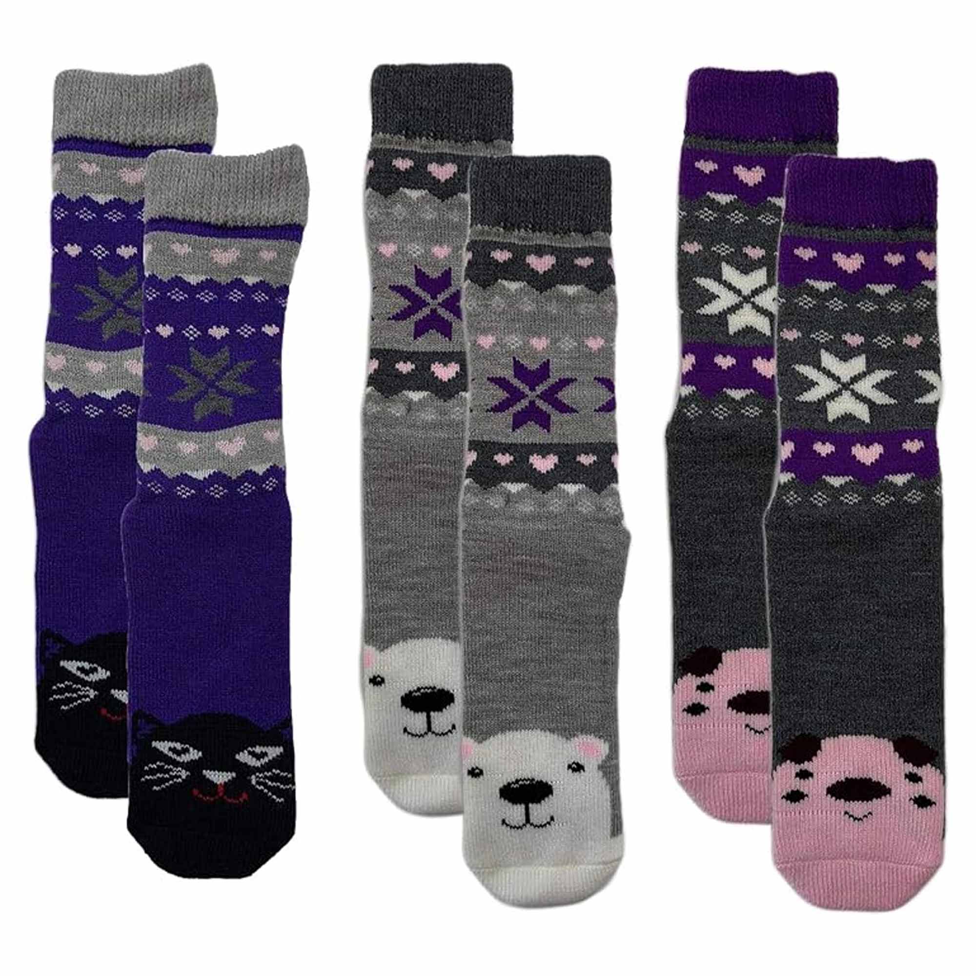 Sock Stack Women's Thermal Slipper Socks 3 Pairs Animal Designs Polar Bears And Kittens