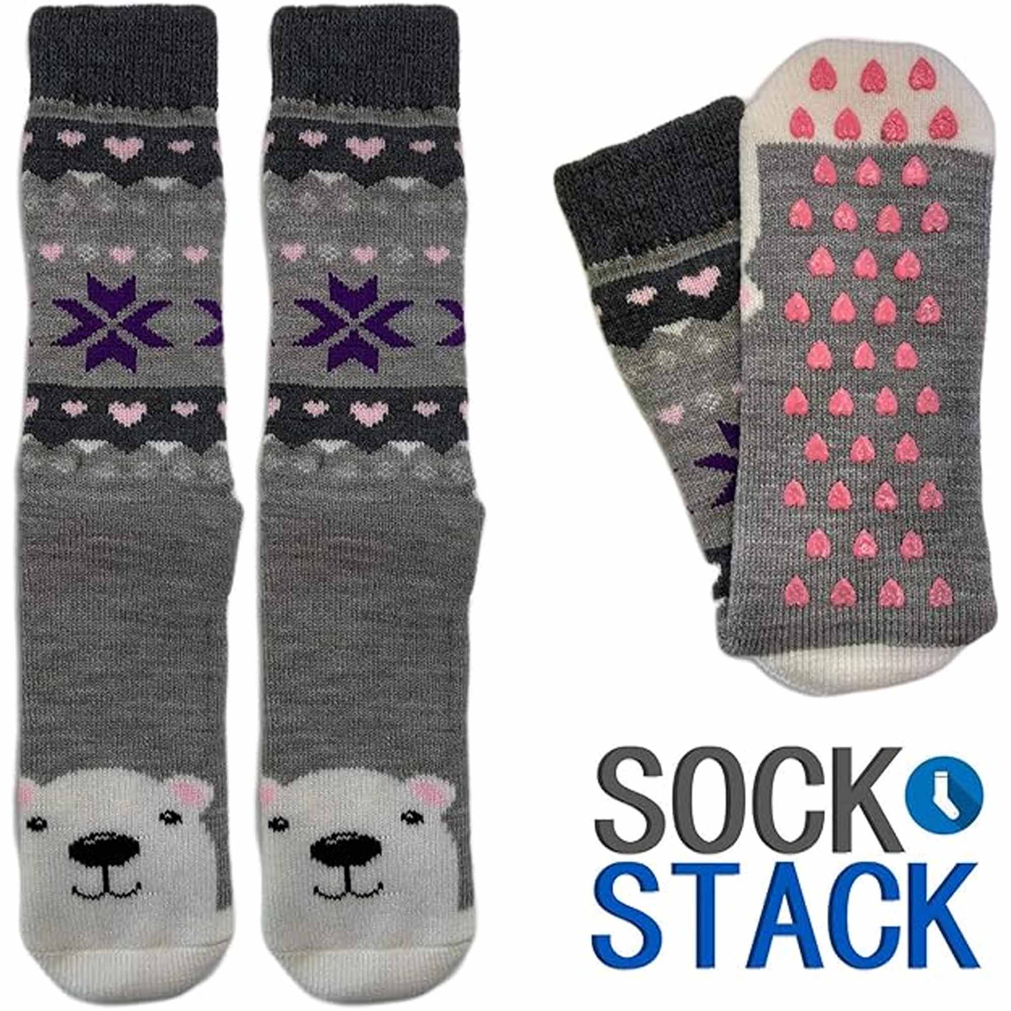 Sock Stack Women's Thermal Slipper Socks 3 Pairs Animal Designs Polar Bears And Kittens