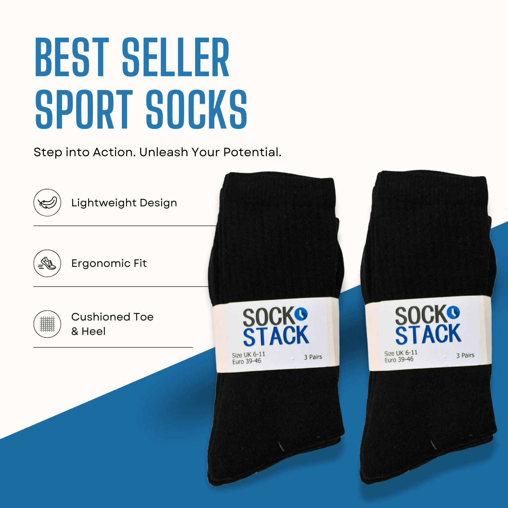 Sock Stack Mens Cotton Rich Performance Sport Socks 15 Pairs UK 6 To 11 Black Grey White Cushioned Anti Blister Moisture Wicking Breathable
