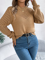 Women Casual Solid Color Crew Neck Hollow Out Lantern Sleeve Sweater