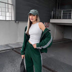 Women's Casual Hooded Jacket Loose Color-block Striped Pants Two-piece Set