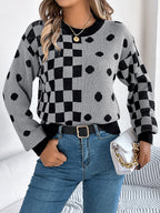 Women Casual Color Block Polka Dot Plaid Lantern Sleeve Pullover Sweater