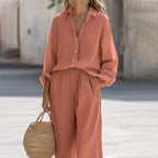 Women's Casual Lapel Long-sleeve Shirt And Trousers Set