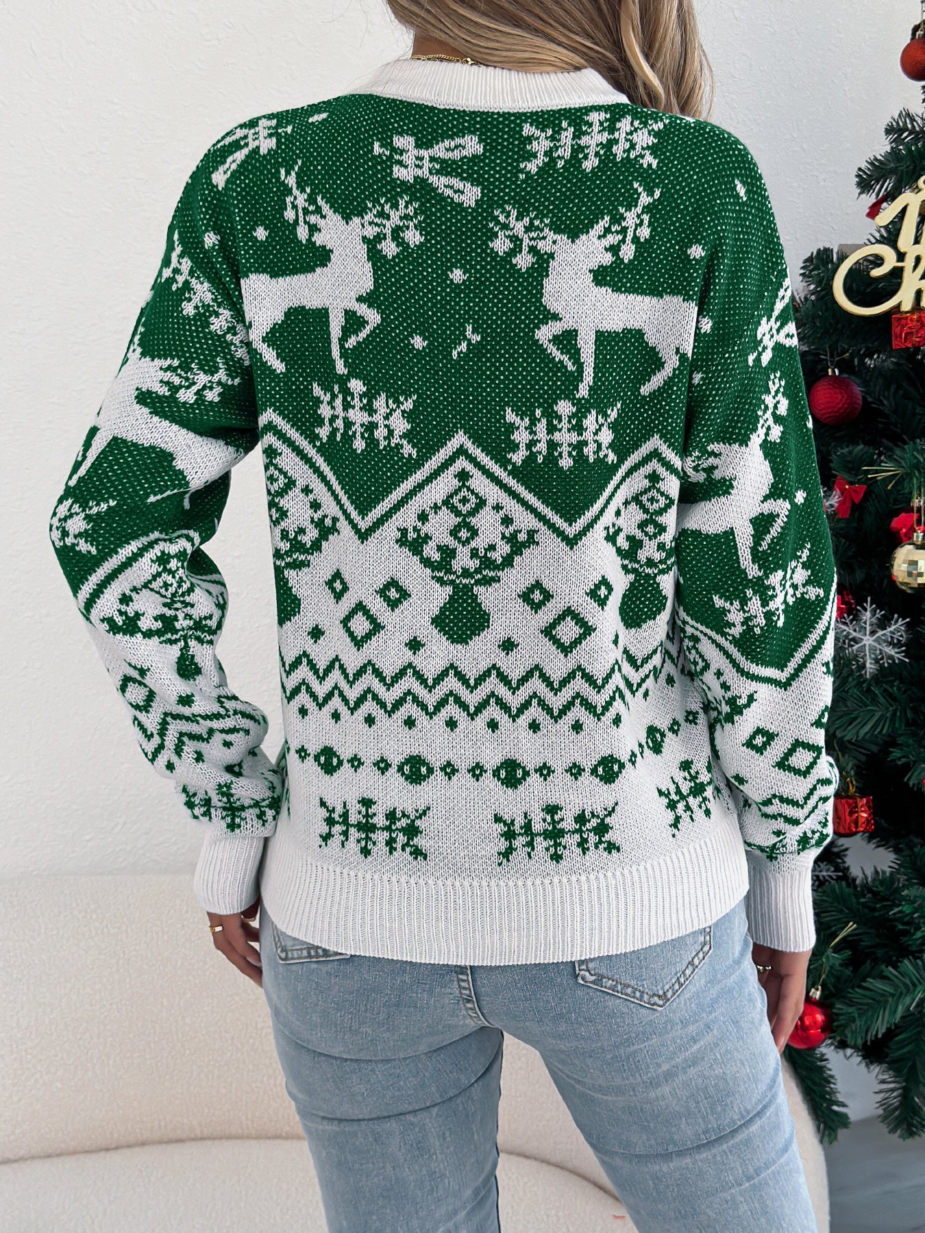 Women Casual Deer Pattern Long Sleeve Pullover Sweater Christmas Edition