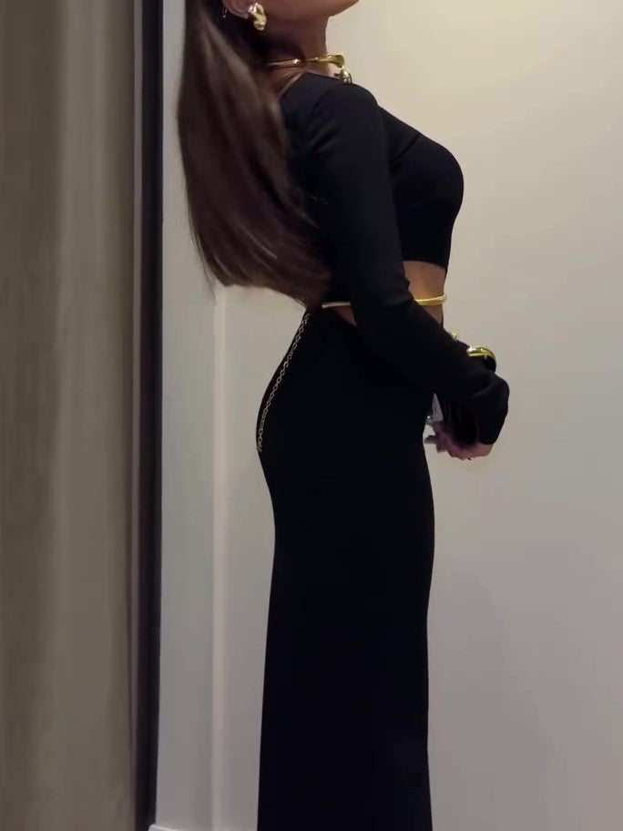 Black Cutout Waist Long-Sleeve Maxi Dress-Includes Waist Chain