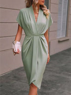 Summer Batwing Sleeve Dress Fashion V-neck Short Sleeve Pleated Dresses Womens Clothing