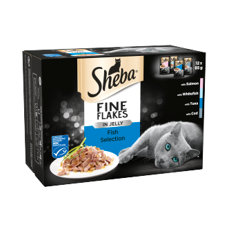 4 X Sheba Fine Flakes Cat Pouches Fish In Jelly 12Pk 12X85G