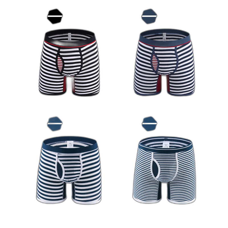 Men's Fly Front with Pouch Striped Cotton Boxer Briefs