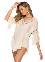 Hollowed-out Backless Beach Cover-up With Colorful Pom-poms And Tassels