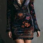 Retro-chic Velvet Cheongsam Dress With Floral Print, Fitted Waist, And Slimming Effect
