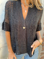 V-neck Single-button Half-sleeved Cardigan Hollow Out Knitted Tops For Women Clithing