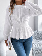 Women Solid Color Cable Knit Cinched Waist Ruffled Long Sleeve Pullover Sweater
