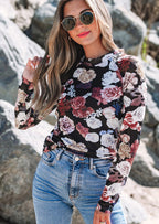 Mesh Floral Print Mock Neck Long Sleeve Slim Top