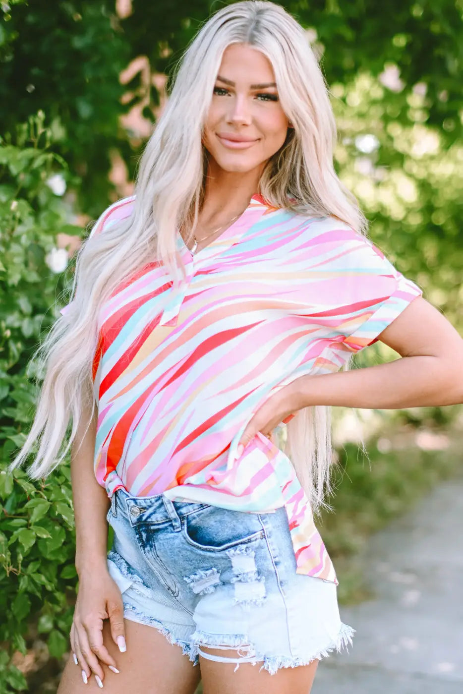 Abstract Print High Low Hem Short Sleeve Blouse Women UK