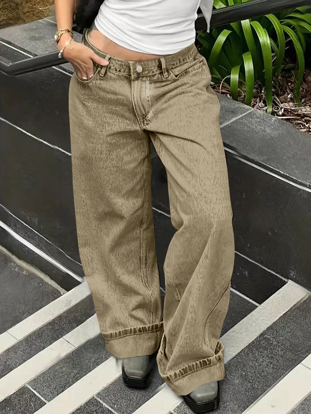 Loose Casual Straight-leg Jeans With Side Pockets For Women