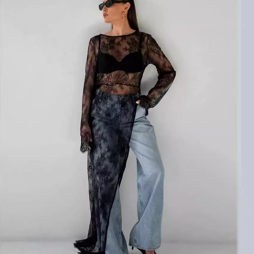 Commuter-style Designer Crew-neck Long-sleeve Blouse