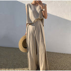Cotton And Linen Casual Sleeveless Top Wide Leg Pants Two-piece Set
