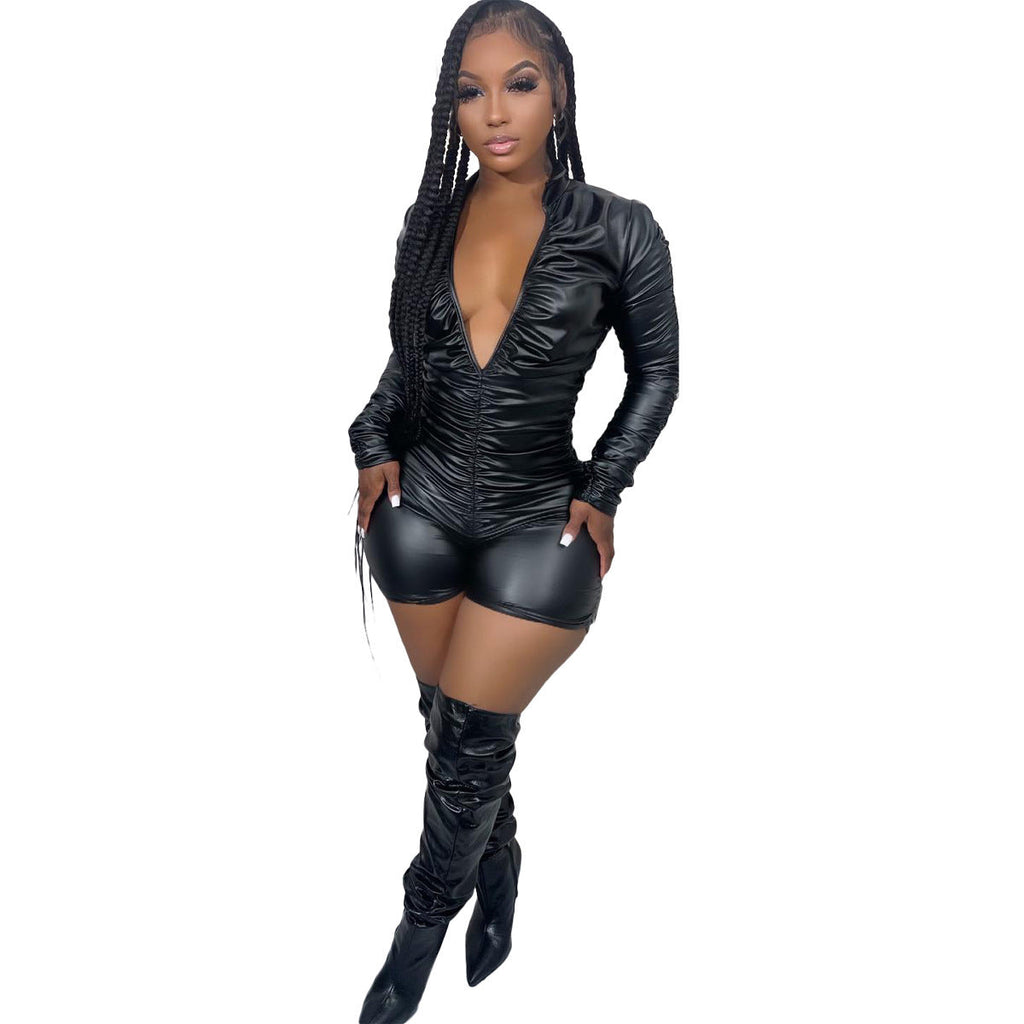 Fashion Pleated High-elasticity Leather Jumpsuit