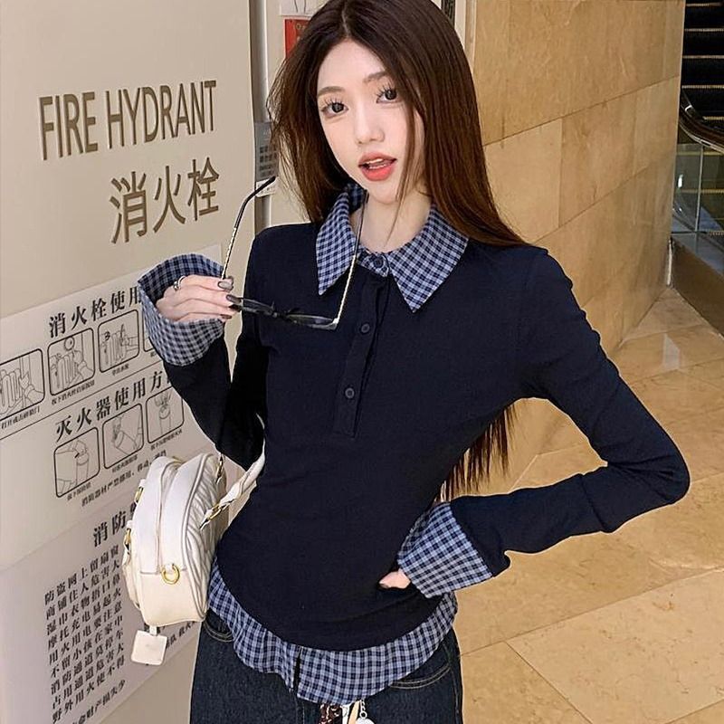 Polo Collar Fake Two Piece Bottoming Slim Fit Top