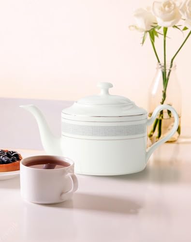 London Boutique Teapot, Teapots for 4 with Built-in Filter for Loose Leaf Tea, 1.3L Large Teapot, White Teapot with Silver Rim, Lightweight, Fina China Teapot Set Perfect Tea Maker for Tea Lovers