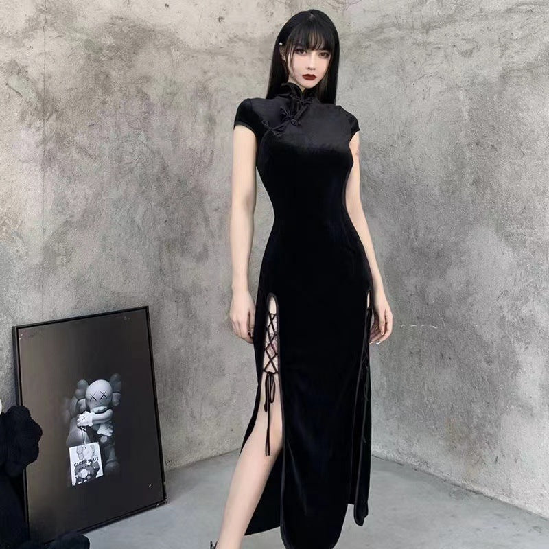Vintage Chinese-style Velvet Cheongsam-modified Dress