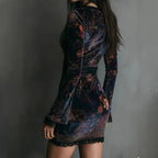 Retro-chic Velvet Cheongsam Dress With Floral Print, Fitted Waist, And Slimming Effect