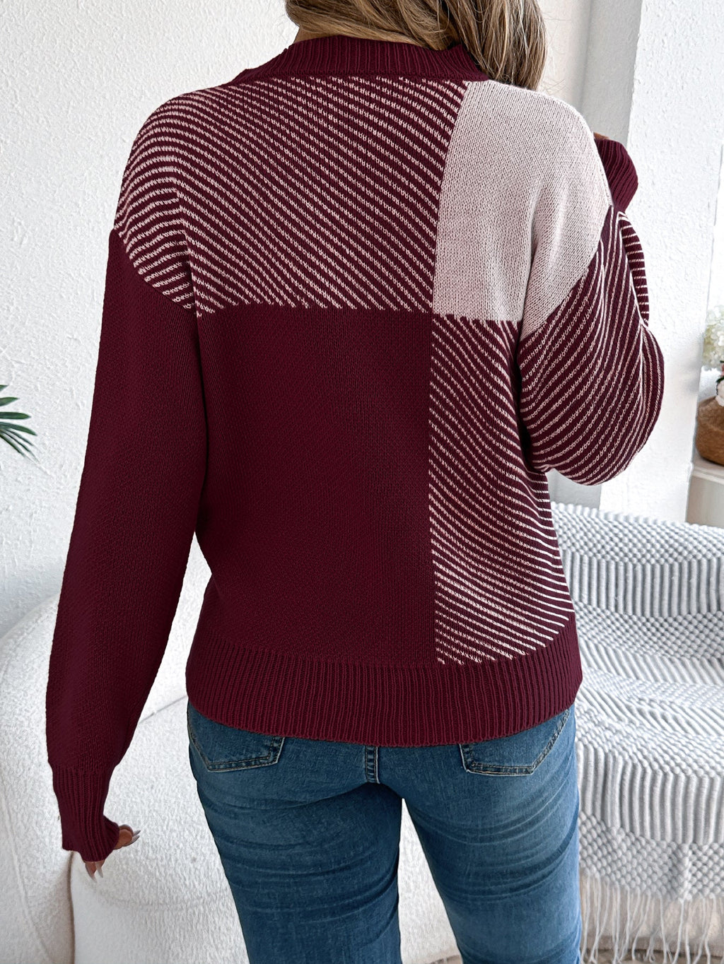 Women Casual Color Block Plaid Long Sleeve Pullover Sweater