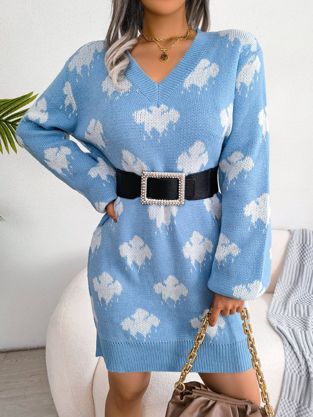 Women's Color-Blocked Cloud Lantern Sleeve Knitted Slip Dress